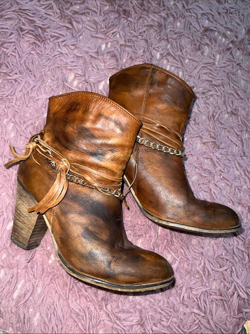 Steve Madden Tan Brown Leather Heeled Ankle Boots with Chain Detail